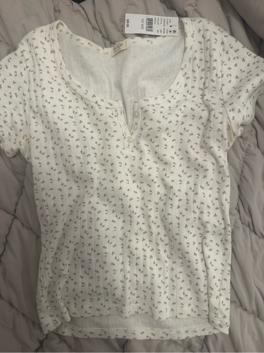 Brandy Melville White Ribbed Henley Tee with Tiny Brown & Green Floral Print